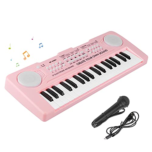 Teclado Piano Niños 37 Teclas Organo Electrónico Infantil Música Portátil con Micrófono Mini Enseñanza Teclado Digital Juguete Educativo para Niña Pequeños Chico Principiantes，Rosa Claro