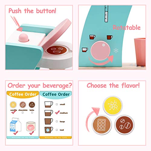 Tiny Land Accesorios de Cocina Play - Juego de cafetera de Madera para Preparar y Servir, fomenta el Juego imaginativo, 13 Piezas, Juego de café de Juguete actualizado para niños