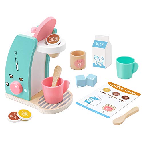 Tiny Land Accesorios de Cocina Play - Juego de cafetera de Madera para Preparar y Servir, fomenta el Juego imaginativo, 13 Piezas, Juego de café de Juguete actualizado para niños