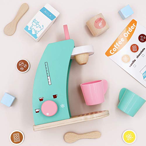 Tiny Land Accesorios de Cocina Play - Juego de cafetera de Madera para Preparar y Servir, fomenta el Juego imaginativo, 13 Piezas, Juego de café de Juguete actualizado para niños