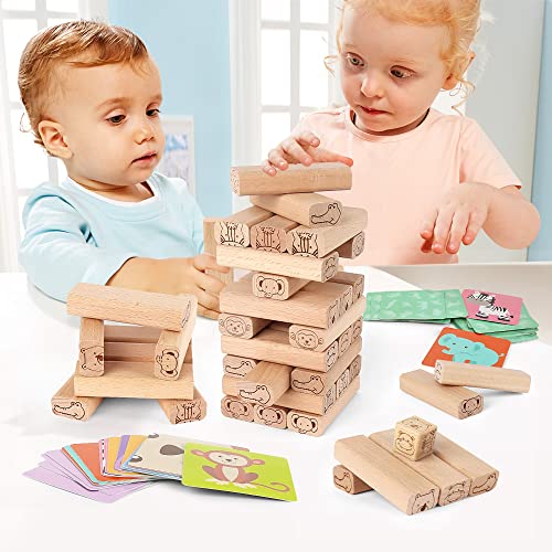 TOP BRIGHT Torre de Bloques de Madera Safari Africa – Juego Familiar 4 en 1 con Cartas, Guía de Construcción y Dado – Juguete de Apilamiento Educativo Que Estimula la Motricidad Fina y Creatividad