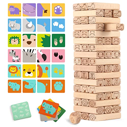 TOP BRIGHT Torre de Bloques de Madera Safari Africa – Juego Familiar 4 en 1 con Cartas, Guía de Construcción y Dado – Juguete de Apilamiento Educativo Que Estimula la Motricidad Fina y Creatividad