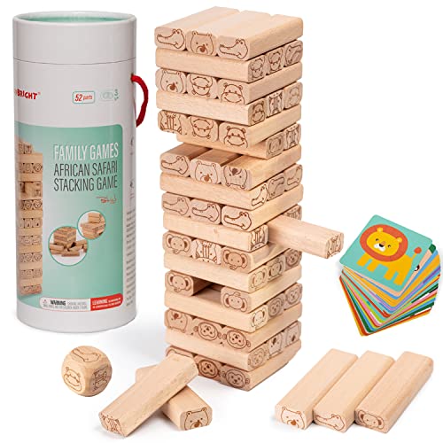 TOP BRIGHT Torre de Bloques de Madera Safari Africa – Juego Familiar 4 en 1 con Cartas, Guía de Construcción y Dado – Juguete de Apilamiento Educativo Que Estimula la Motricidad Fina y Creatividad