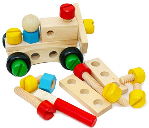 TOWO Juguete de Tuercas y Tornillos - Conjunto de Bloques de construcción con 31 Piezas de Madera para niños - Con hermoso bolso para almacenar - herramientas juguetes - juego de destornilladores …