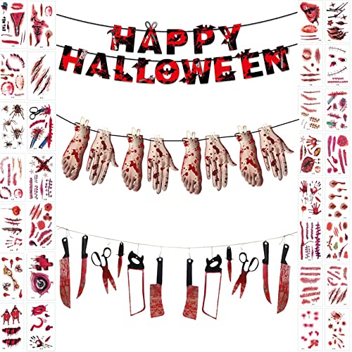 Tuofang 64 piezas Juego de Decoración de Halloween de Horror, Banner de Guirnalda Sangrienta, Guirnalda Tortura para de Halloween, Tatuajes Temporales de Halloween, para Halloween Casa de Miedo