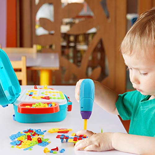 Ulikey Juguetes Montessori Puzzles 3D, 207PCS Tablero de Mosaicos Infantiles, Construcción de Juguetes con Taladro Eléctrico Herramienta Tornillo, Juegos Educativos Regalos para Niños