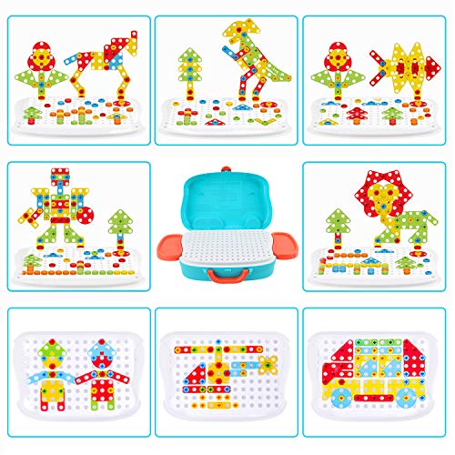 Ulikey Juguetes Montessori Puzzles 3D, 207PCS Tablero de Mosaicos Infantiles, Construcción de Juguetes con Taladro Eléctrico Herramienta Tornillo, Juegos Educativos Regalos para Niños