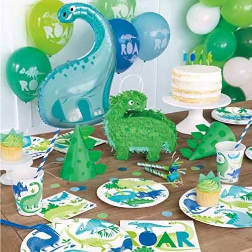 Unique Party- Platos de Papel Ecológicos-23 cm-Fiesta de Dinosaurios Azul y Verde-Paquete de 8, Multicolor (73885EU)