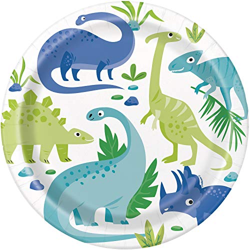 Unique Party- Platos de Papel Ecológicos-23 cm-Fiesta de Dinosaurios Azul y Verde-Paquete de 8, Multicolor (73885EU)