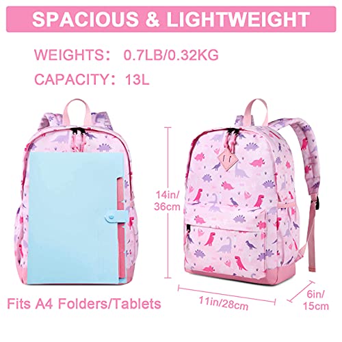 VASCHY Mochila Niña, Mochila Infantil 4-6 Años para Escolar Ajustar Carpeta A4 con Bolsillos Laterales y Correa en Pecho, Rosado Triceratops