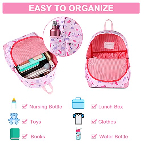 VASCHY Mochila Niña, Mochila Infantil 4-6 Años para Escolar Ajustar Carpeta A4 con Bolsillos Laterales y Correa en Pecho, Rosado Triceratops