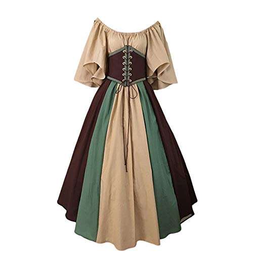 Vestidos Estilo Maxi Vintage Medieval para Mujer, Manga Acampanada Corta Vestido Celta De Empalme para Cosplay, Renacentismo, Princesa GóTica, Baile De Graduación, Navidad Carnaval(A Cafetería,M)