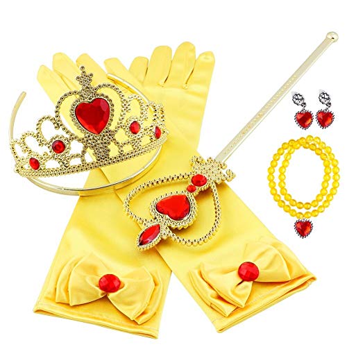 Vicloon 7 Pcs Amarillo Elsa Princesa Accesorios de Disfraces, Princesa Vestir Accesorios, Regalo Conjunto de Belleza - Corona Anillo Sceptre Collar Pendientes Guantes para Niña