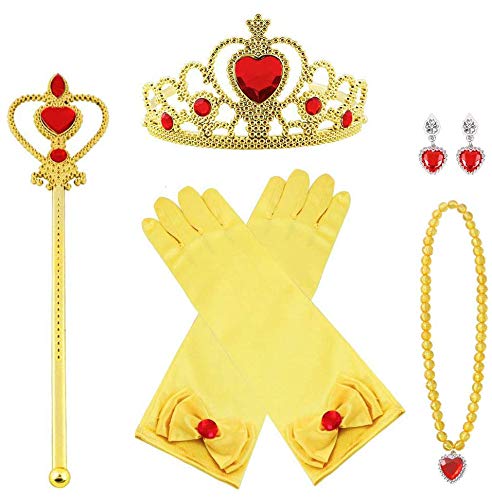 Vicloon 7 Pcs Amarillo Elsa Princesa Accesorios de Disfraces, Princesa Vestir Accesorios, Regalo Conjunto de Belleza - Corona Anillo Sceptre Collar Pendientes Guantes para Niña