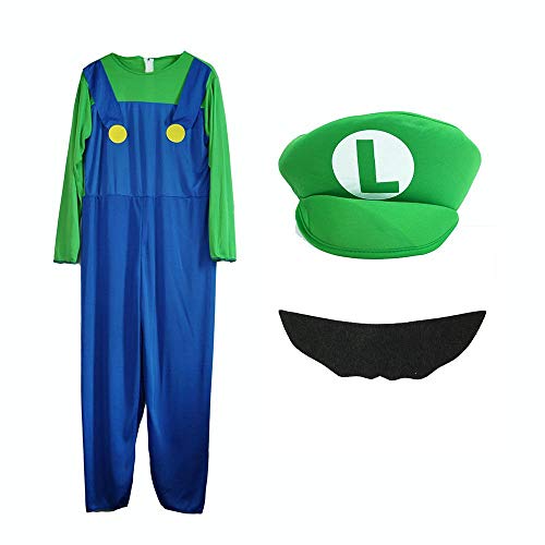 VISVIC Super Mario Luigi Bros Cosplay Disfraz Disfraz Unisex Hombres Mujeres Adultos Niños Adolescentes,Luigi Verde para hombres,L