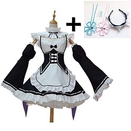 WAPBENG Establece Uniforme de Gala de Navidad Cosplay Re Cero Kara Hajimeru Kawaii Isekai Seikatsu Ramu RAM Remu REM Cosplay de la Criada del Vestido Delantal para Mujeres Pelucas de Cabello Natural