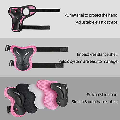 WayEee Protecciones de Patinaje para Niños Rodilleras Patinaje Ciclismo Bicicleta Monopatín Juegos de Protecciones Ajustables Infantiles para Deportes 6 pcs (Rosa)