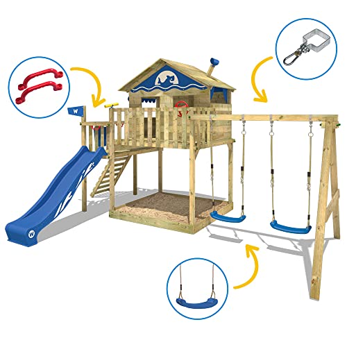 WICKEY Parque infantil de madera Smart Coast con columpio y tobogán azul, Casa sobre pilares de exterior con arenero y escalera para niños