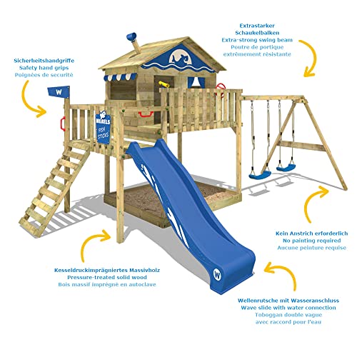 WICKEY Parque infantil de madera Smart Coast con columpio y tobogán azul, Casa sobre pilares de exterior con arenero y escalera para niños