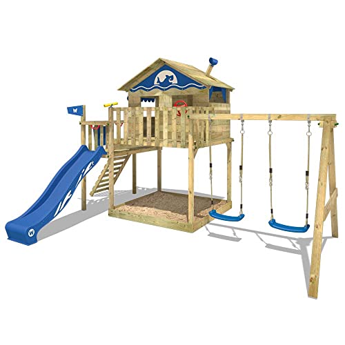 WICKEY Parque infantil de madera Smart Coast con columpio y tobogán azul, Casa sobre pilares de exterior con arenero y escalera para niños