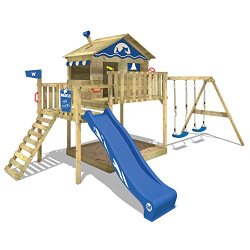 WICKEY Parque infantil de madera Smart Coast con columpio y tobogán azul, Casa sobre pilares de exterior con arenero y escalera para niños