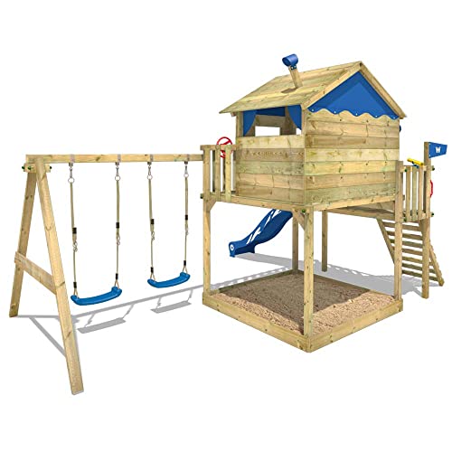 WICKEY Parque infantil de madera Smart Coast con columpio y tobogán azul, Casa sobre pilares de exterior con arenero y escalera para niños