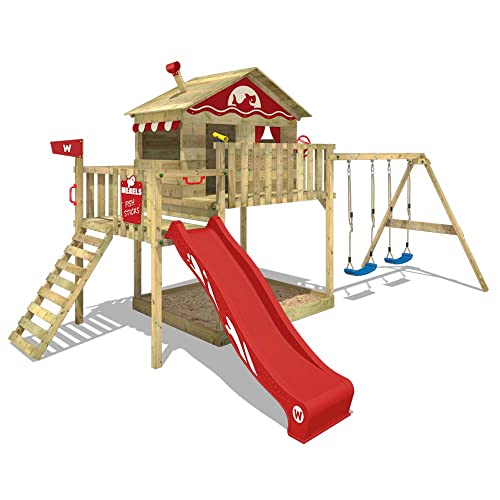 WICKEY Parque infantil de madera Smart Coast con columpio y tobogán rojo, Casa sobre pilares de exterior con arenero y escalera para niños