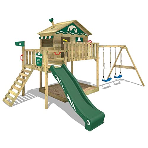 WICKEY Parque infantil de madera Smart Coast con columpio y tobogán verde, Casa sobre pilares de exterior con arenero y escalera para niños