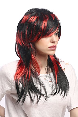 WIG ME UP- DH1375-PC13-P103 Peluca Mujeres Halloween Largo Liso Negro y Rojo Rayas Bruja Diablo EMO Punk