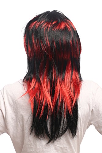 WIG ME UP- DH1375-PC13-P103 Peluca Mujeres Halloween Largo Liso Negro y Rojo Rayas Bruja Diablo EMO Punk