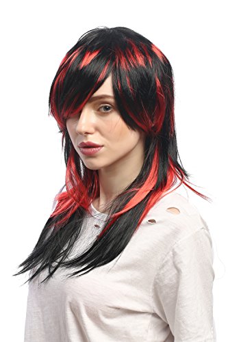 WIG ME UP- DH1375-PC13-P103 Peluca Mujeres Halloween Largo Liso Negro y Rojo Rayas Bruja Diablo EMO Punk