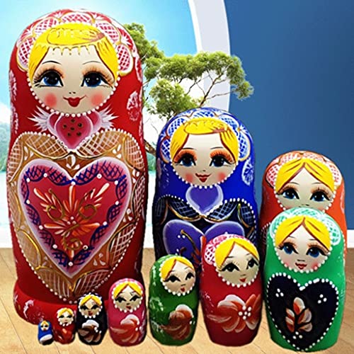 WINON Muñecas Rusas Matrioskas Muñecas de anidación Rusa Matryoshka Madera apilado Set anidado Juego 10 Piezas Juguetes Hechos a Mano para niños Día de la Madre cumpleaños