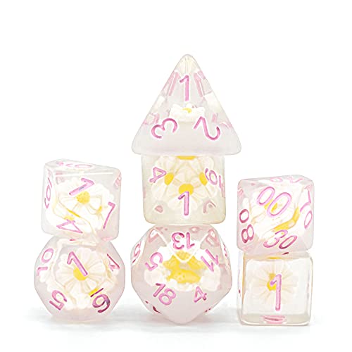 World of Dice - Flower Power - Juego de 7 dados de papel y bolígrafo de papel, juego de rol, juego de principiantes, para DND, DSA, Shadowrun, dados de 20 caras, con flores.