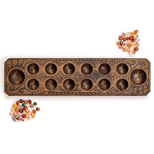 Yellow Mountain Imports Set de Mancala con Tablero de Madera y Piedras de Cuarzo para jugar – Madera Natural