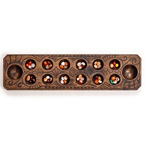 Yellow Mountain Imports Set de Mancala con Tablero de Madera y Piedras de Cuarzo para jugar – Madera Natural