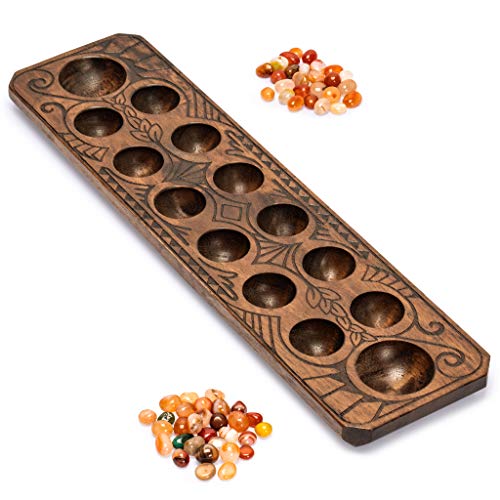 Yellow Mountain Imports Set de Mancala con Tablero de Madera y Piedras de Cuarzo para jugar – Madera Natural