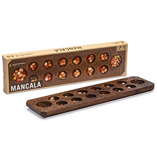 Yellow Mountain Imports Set de Mancala con Tablero de Madera y Piedras de Cuarzo para jugar – Madera Natural