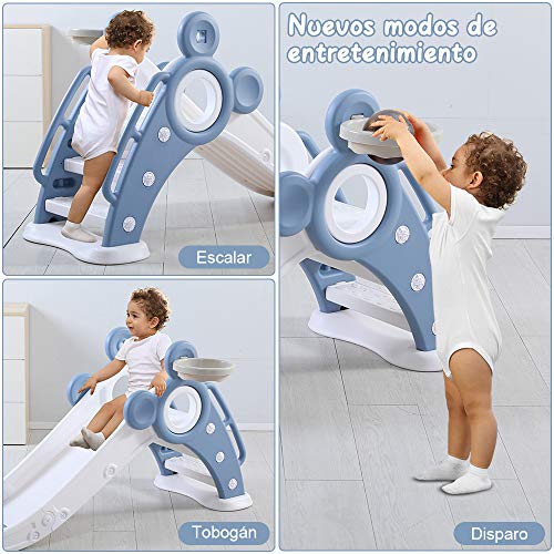 YOLEO Tobogán Infantil Plegable, Tobogán para Niños Exterior y Interior con Canasta de Baloncesto, Multifunción e Seguro, 125 x 33 x 66 cm, hasta 25 kg, Azul