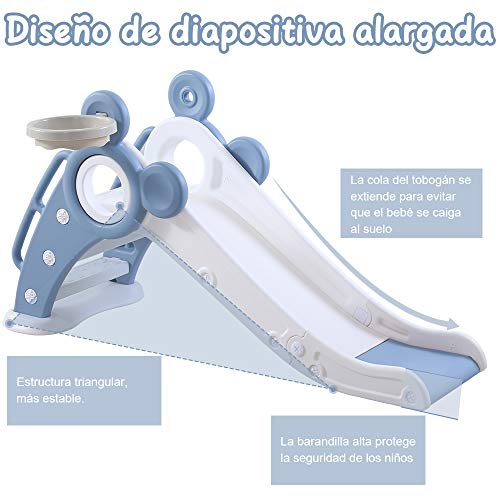 YOLEO Tobogán Infantil Plegable, Tobogán para Niños Exterior y Interior con Canasta de Baloncesto, Multifunción e Seguro, 125 x 33 x 66 cm, hasta 25 kg, Azul