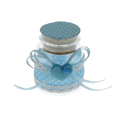 12 tarros de cristal, decorados con tela de lunares celeste y aplicación en forma de corazón azul claro, confites para nacimiento, bautizo, cumpleaños y niños. Paquete con caja+bolsa para peladillas