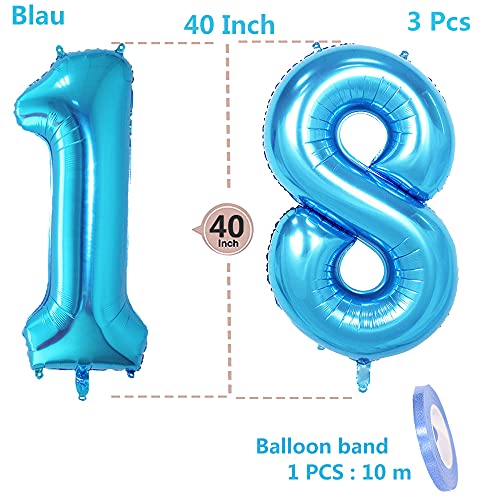 2 globos numeros 18 años, Number globo número 18 azul para niñas niños Hombres , 40" Figuras azules globo de lámina de helio inflable, gigante grande decoración fiesta de boda cumpleaños (xxxl 100cm)