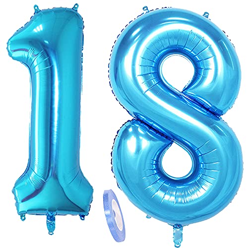 2 globos numeros 18 años, Number globo número 18 azul para niñas niños Hombres , 40" Figuras azules globo de lámina de helio inflable, gigante grande decoración fiesta de boda cumpleaños (xxxl 100cm)