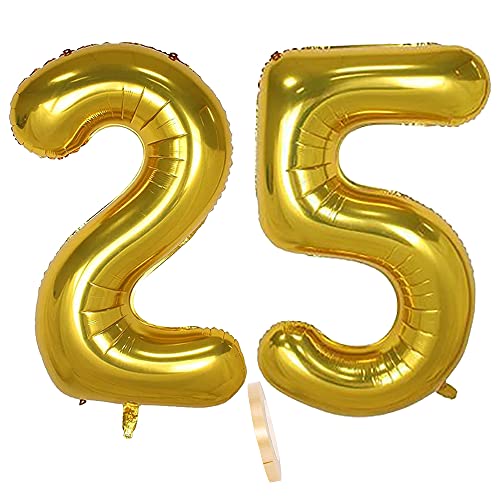 2 globos numeros 25 años, Number globo número 25 Dorado para Hombres Mujeres niños,40" Figuras Gold globo de lámina de helio inflable, gigante grande decoración fiesta de cumpleaños boda (xxxl 100cm)