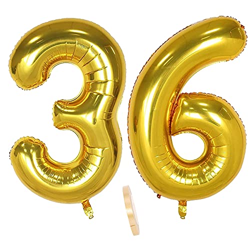 2 globos numeros 36 años, Number globo número 36 Dorado para Hombres Mujeres niños,40" Figuras Gold globo de lámina de helio inflable, gigante grande decoración fiesta de cumpleaños boda (xxxl 100cm)