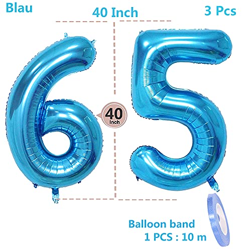 2 globos numeros 65 años, Number globo número 65 azul para Hombres Mujeres, 40" Figuras azules globo de lámina de helio inflable, gigante grande decoración fiesta de boda cumpleaños (xxxl 100cm)