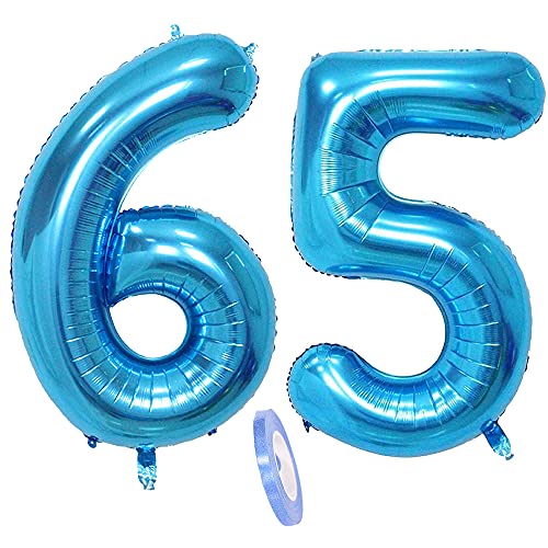 2 globos numeros 65 años, Number globo número 65 azul para Hombres Mujeres, 40" Figuras azules globo de lámina de helio inflable, gigante grande decoración fiesta de boda cumpleaños (xxxl 100cm)