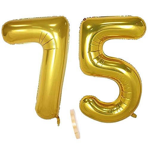 2 globos numeros 75 años, Number globo número 75 Dorado para Hombres Mujeres niños,40" Figuras Gold globo de lámina de helio inflable, gigante grande decoración fiesta de cumpleaños boda (xxxl 100cm)