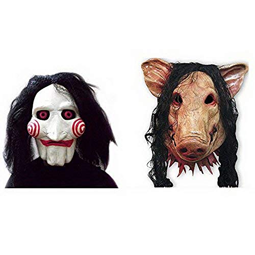 2x SET Cerdo + Máscara SAW JIGSAW con pelo sintético - Perfecto para carnaval y Halloween - Disfraz de adulto - Látex, unisex Talla única