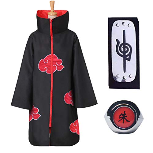 3 piezas Trajes de Uchiha Itachi, Capa Larga del anime Naruto Headband Naruto Itachi Uchiha y Anillos de Metal de los Miembros Akatsuki