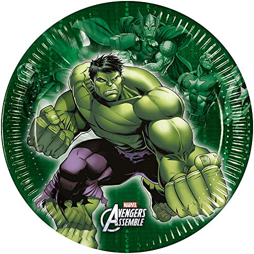 3349; lote de 2 paquetes de 8 platos de cartón AVENGERS MULTI HEROES; hulk, diametro 20 cm; ideal para fiestas y cumpleaños